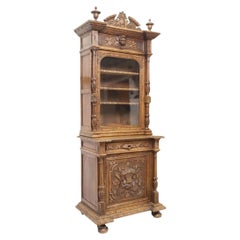 1800's Antique French Henri II Style Oak Stepback, Crest, Crown, Glazed Cabinet