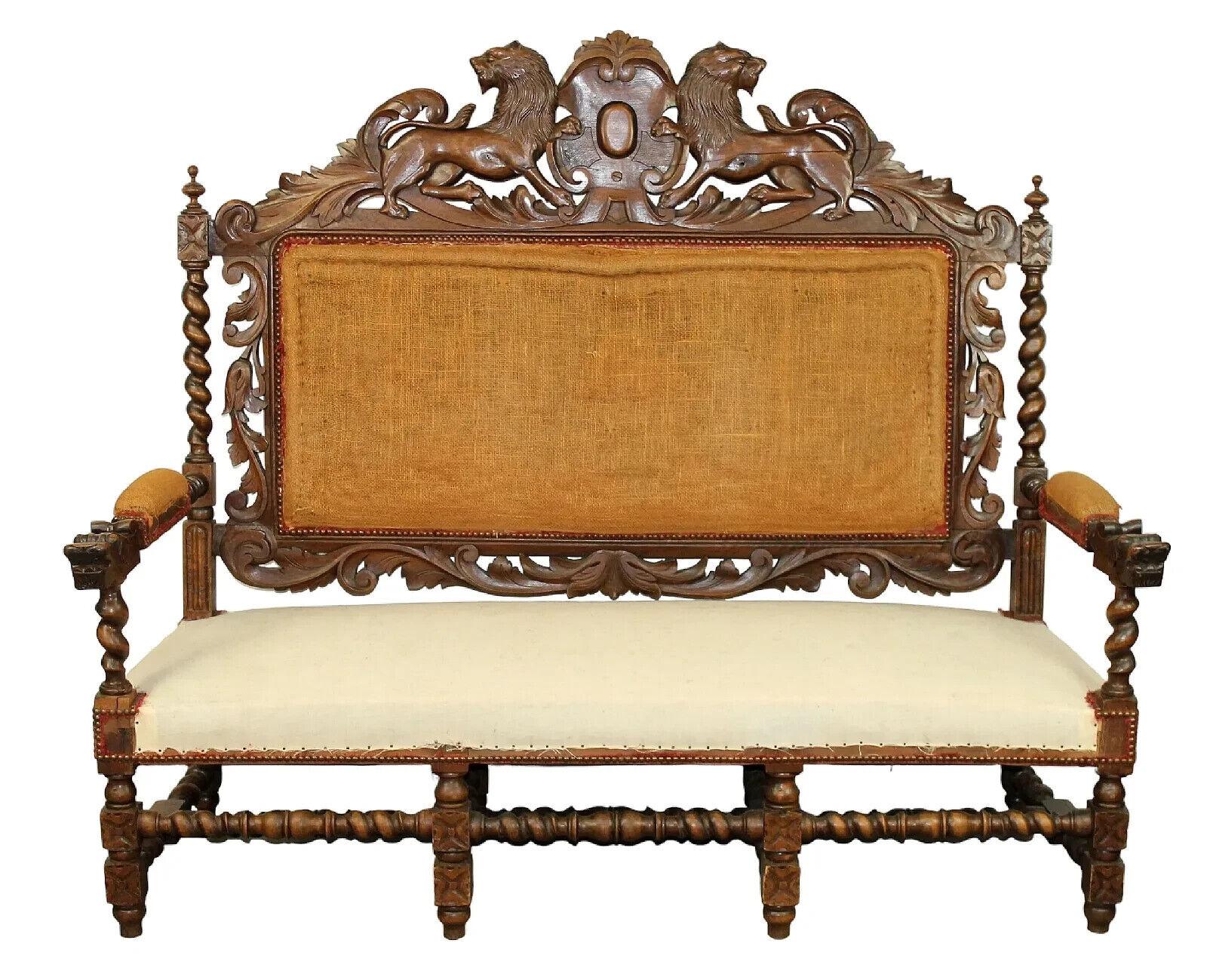 Gorgeous Antique Sofa, French Louis XIII Carved Walnut, Griffins Cabochon Flanking Crest, 1800s, 19th Century!

This antique French Louis XIII sofa is a true masterpiece, carved from beautiful walnut wood with intricate details such as griffins