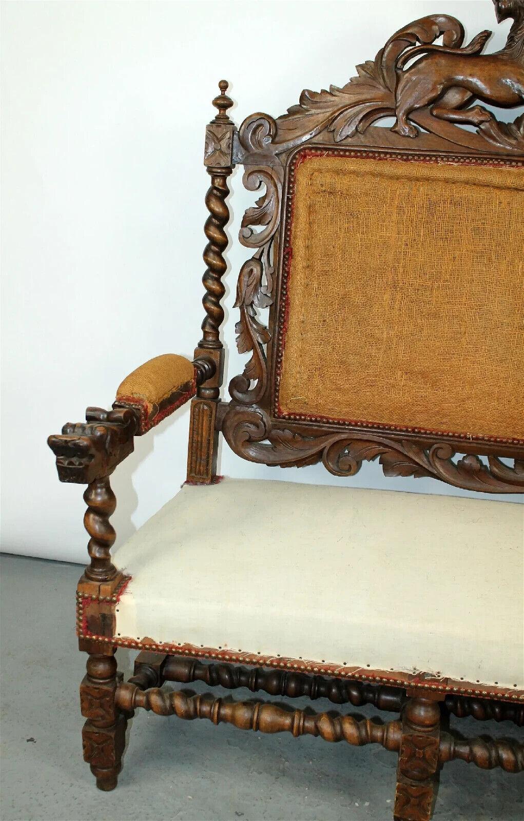 1800's Antique French Louis XIII Carved Walnut, Griffins Flanking Crest Sofa!! For Sale 1