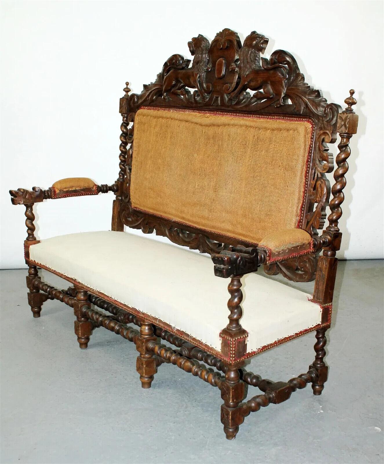 1800's Antique French Louis XIII Carved Walnut, Griffins Flanking Crest Sofa!! For Sale 3