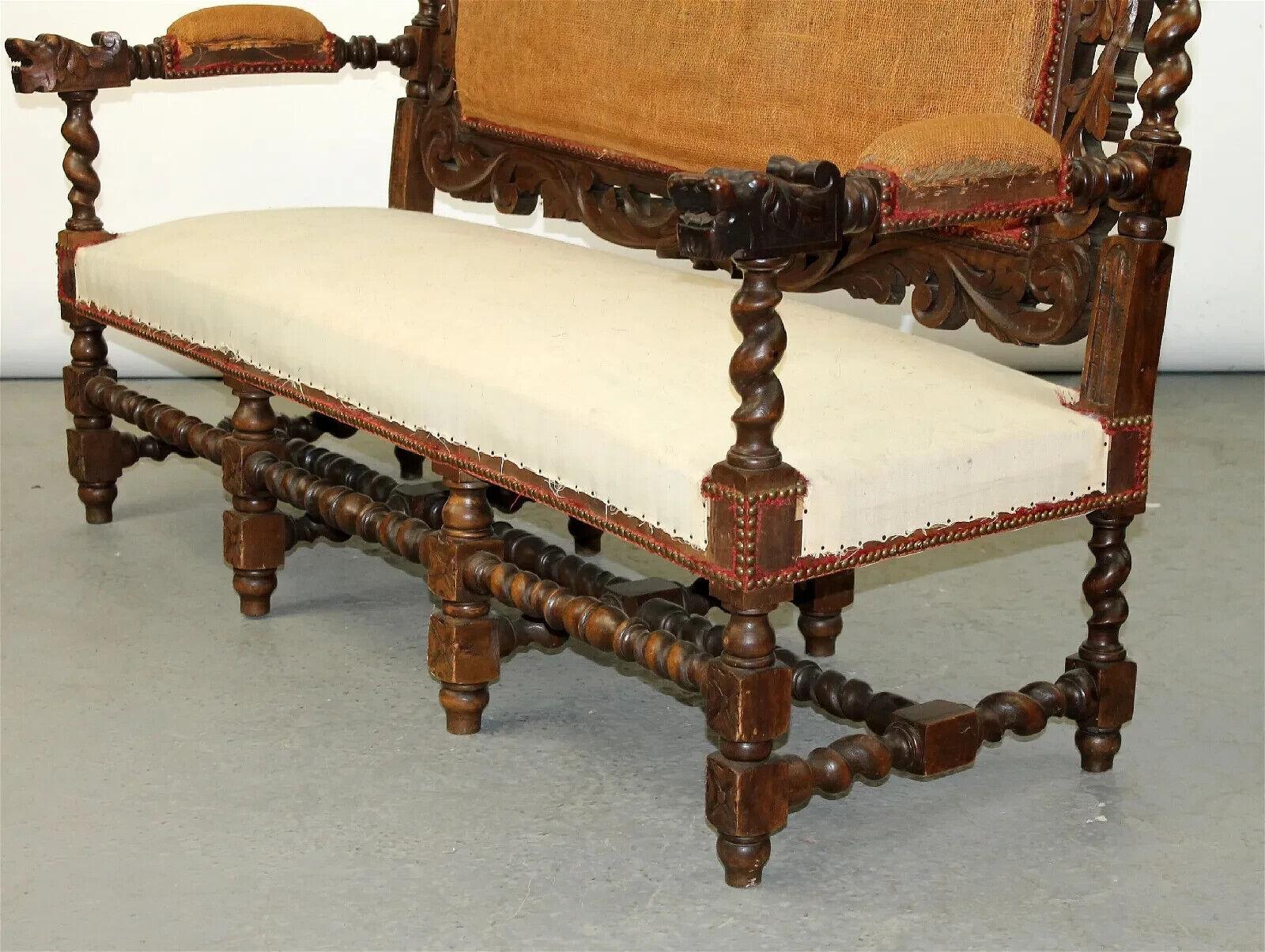 1800's Antique French Louis XIII Carved Walnut, Griffins Flanking Crest Sofa!! For Sale 4
