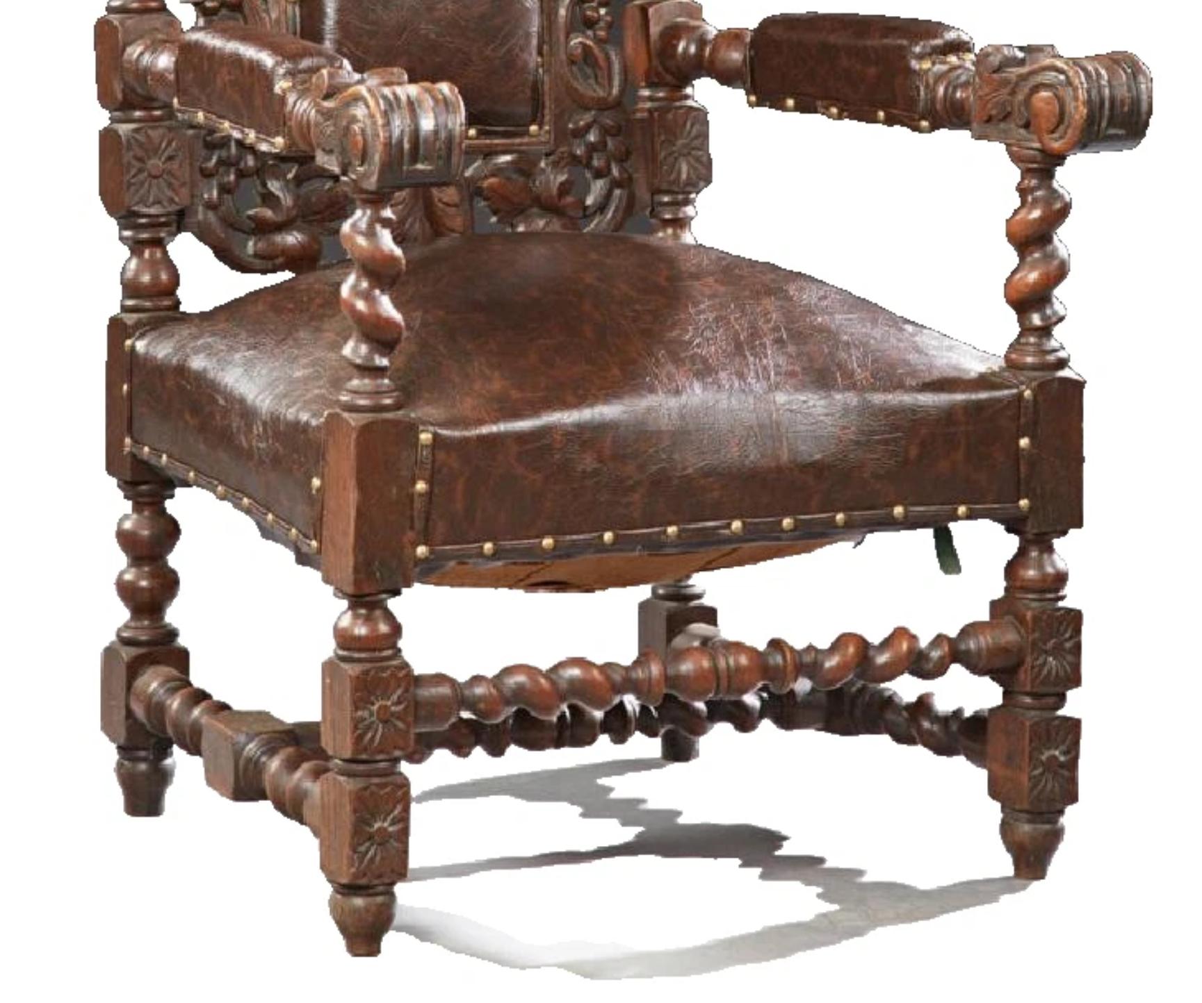 1800's Antique French, Louis XIII Style, Carved Oak, Brown Upholstered Armchair! In Good Condition For Sale In Austin, TX
