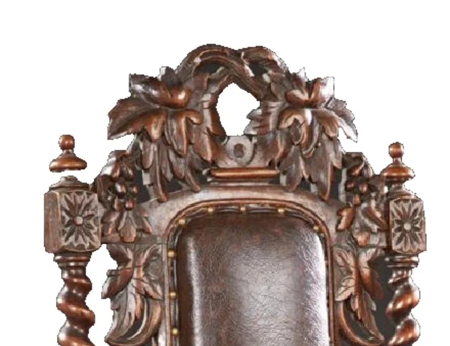 20th Century 1800's Antique French, Louis XIII Style, Carved Oak, Brown Upholstered Armchair! For Sale