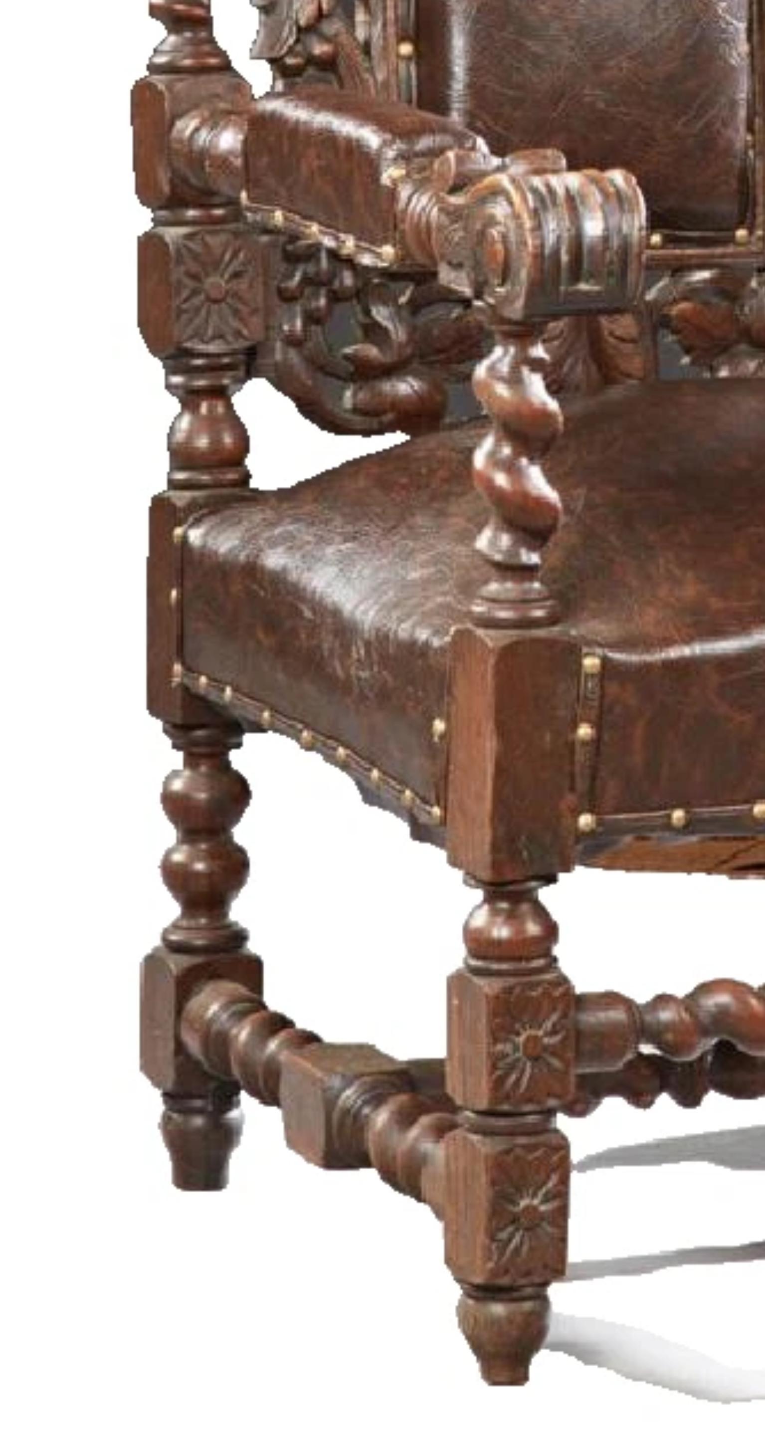 Wood 1800's Antique French, Louis XIII Style, Carved Oak, Brown Upholstered Armchair! For Sale