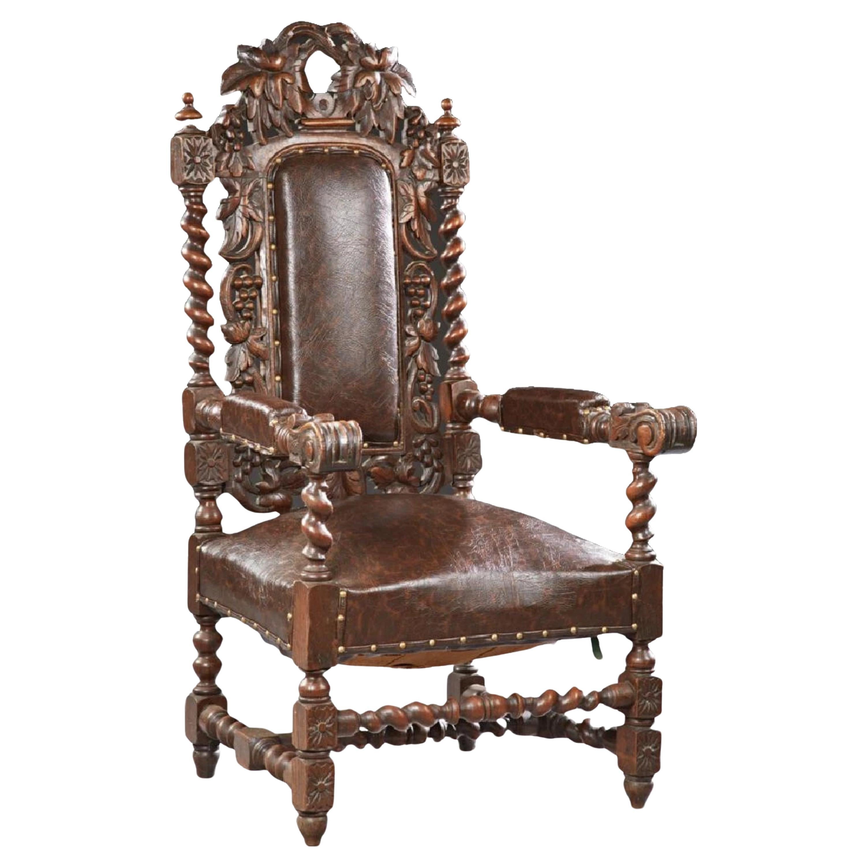 1800's Antique French, Louis XIII Style, Carved Oak, Brown Upholstered Armchair! For Sale