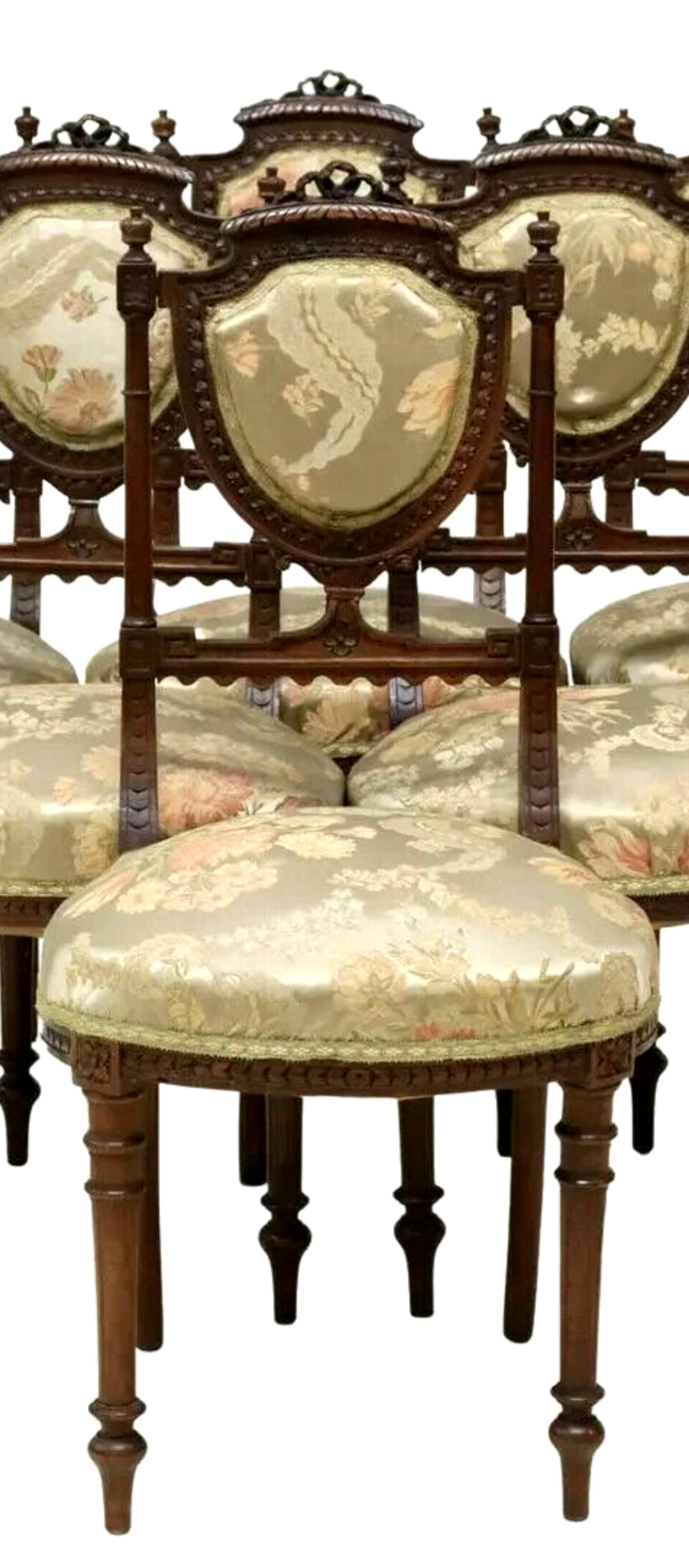 Ancienne sculpture française de style Louis XVI des années 1800  Chaises d'appoint tapissées, lot de 6 Bon état - En vente à Austin, TX