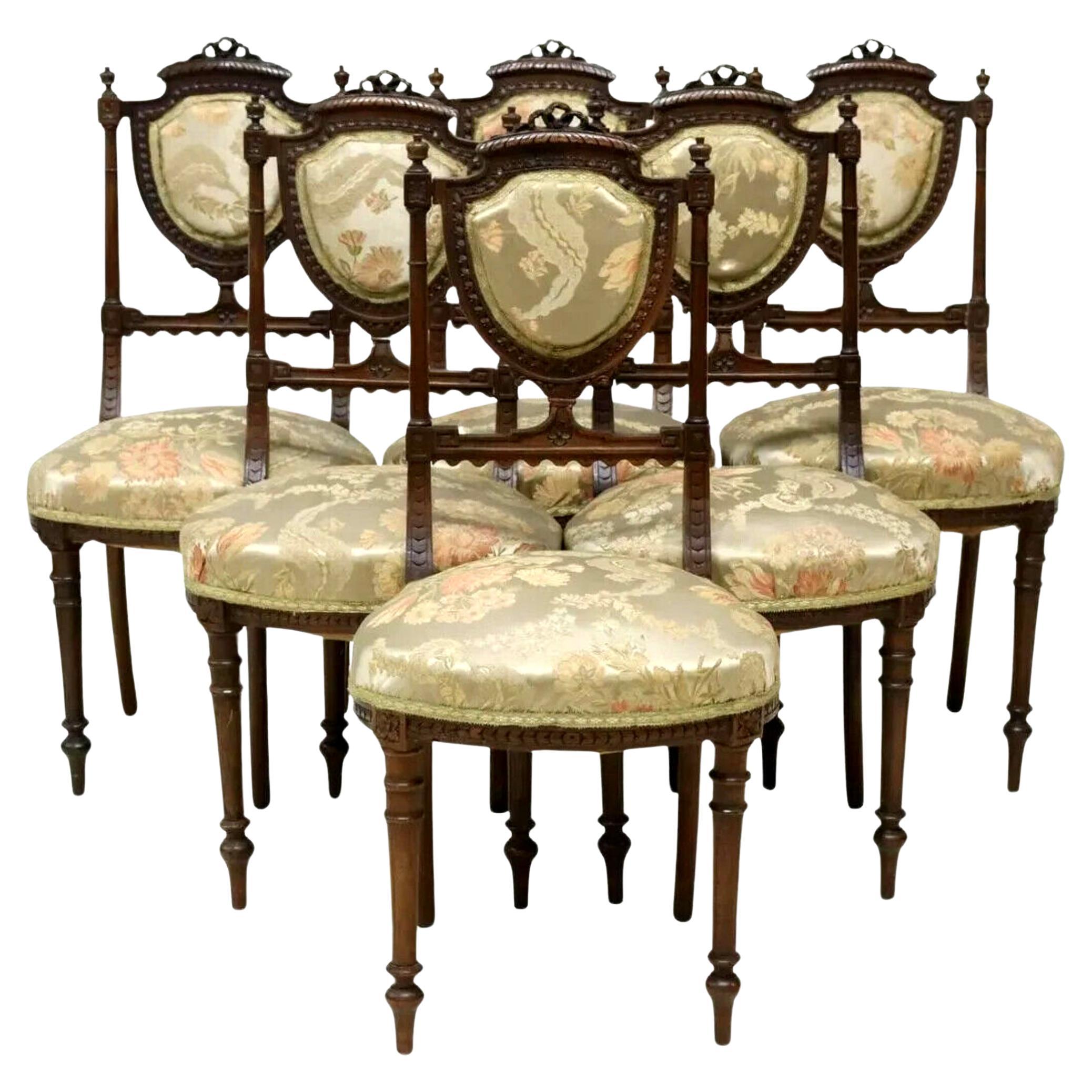 1800's Antique French Louis XVI Style Carved,  Upholstered Side Chairs, Set of 6