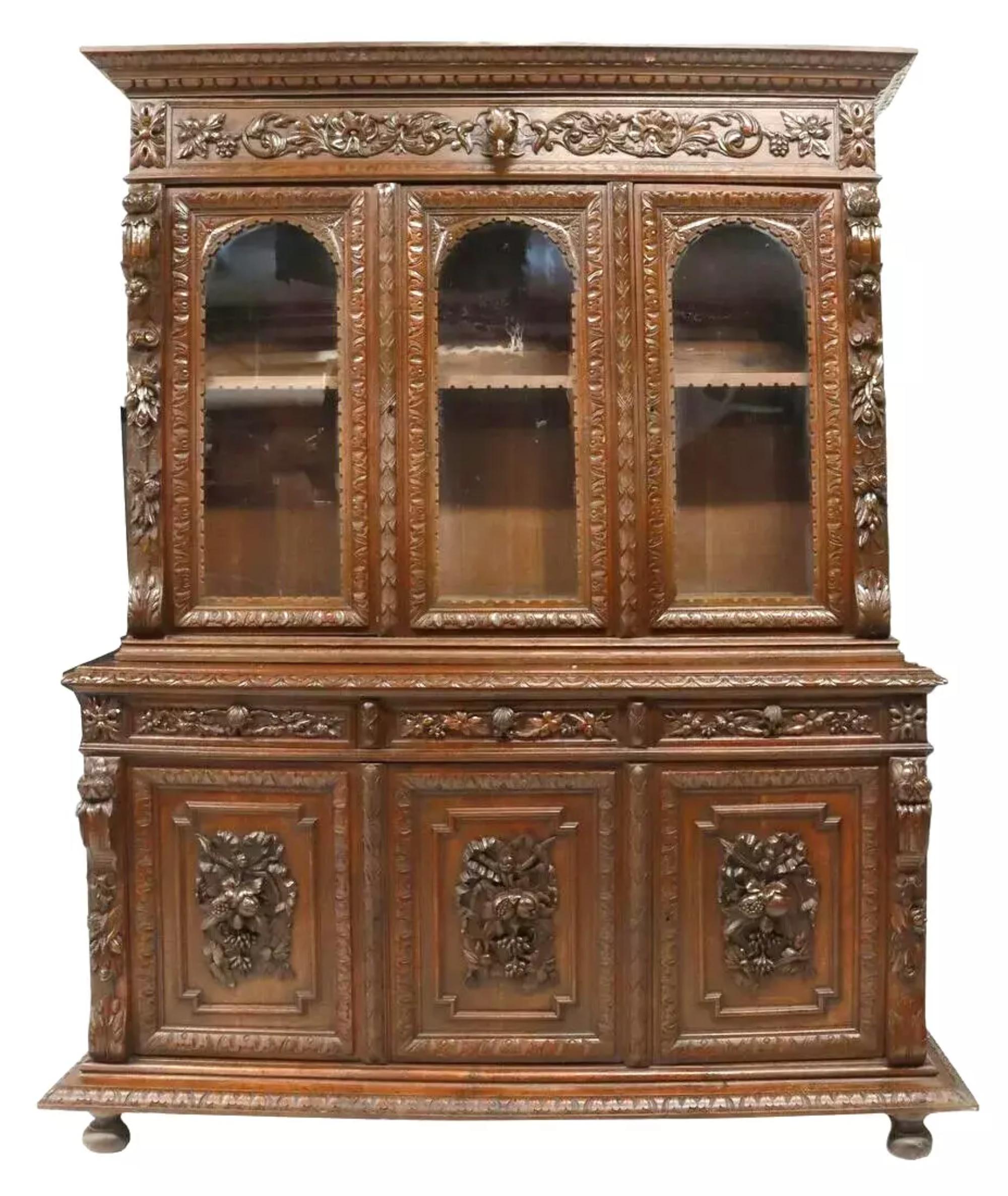 Other 1800's Antique French, Monumental, Carved Oak Hunt, Glazed Doors, Sideboard! For Sale