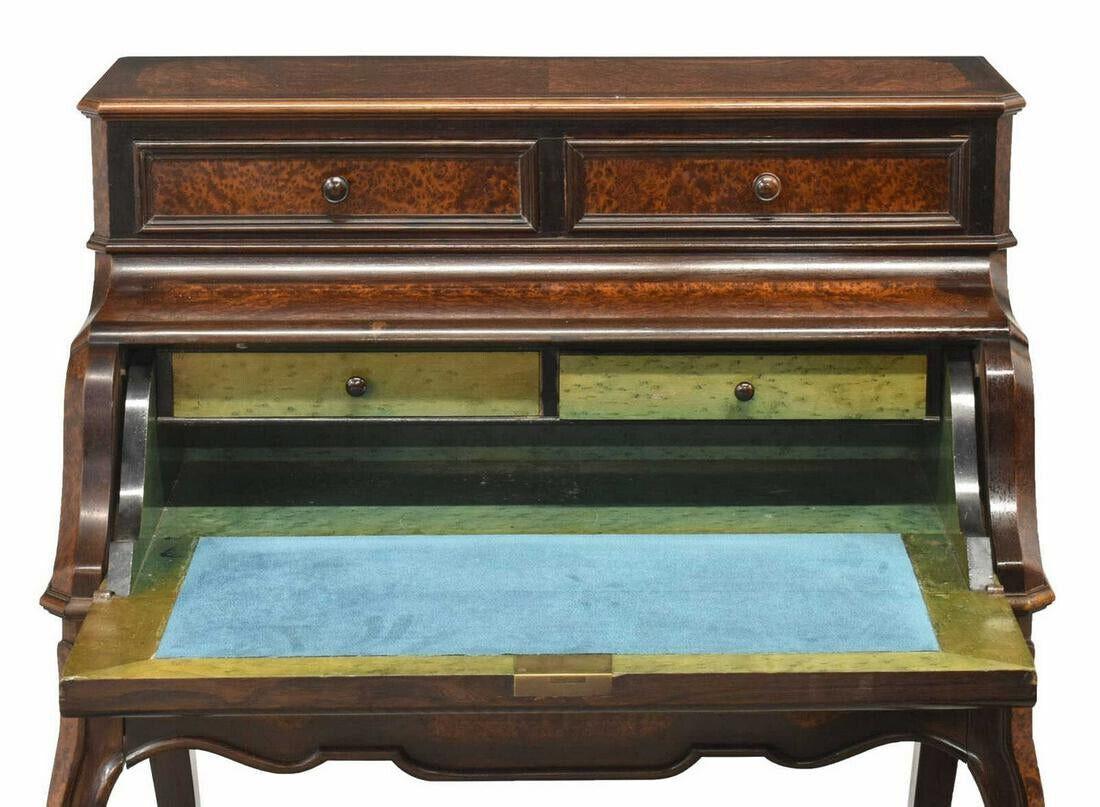 Gorgeous Antique Desk, Writing, French Napoleon III Period, Burlwood, Leather Lining, 1800s, 19th Century!

French Napoleon III period writing desk, mid to late 19th c., superstructure with two drawers, over shaped drop-front writing surface,