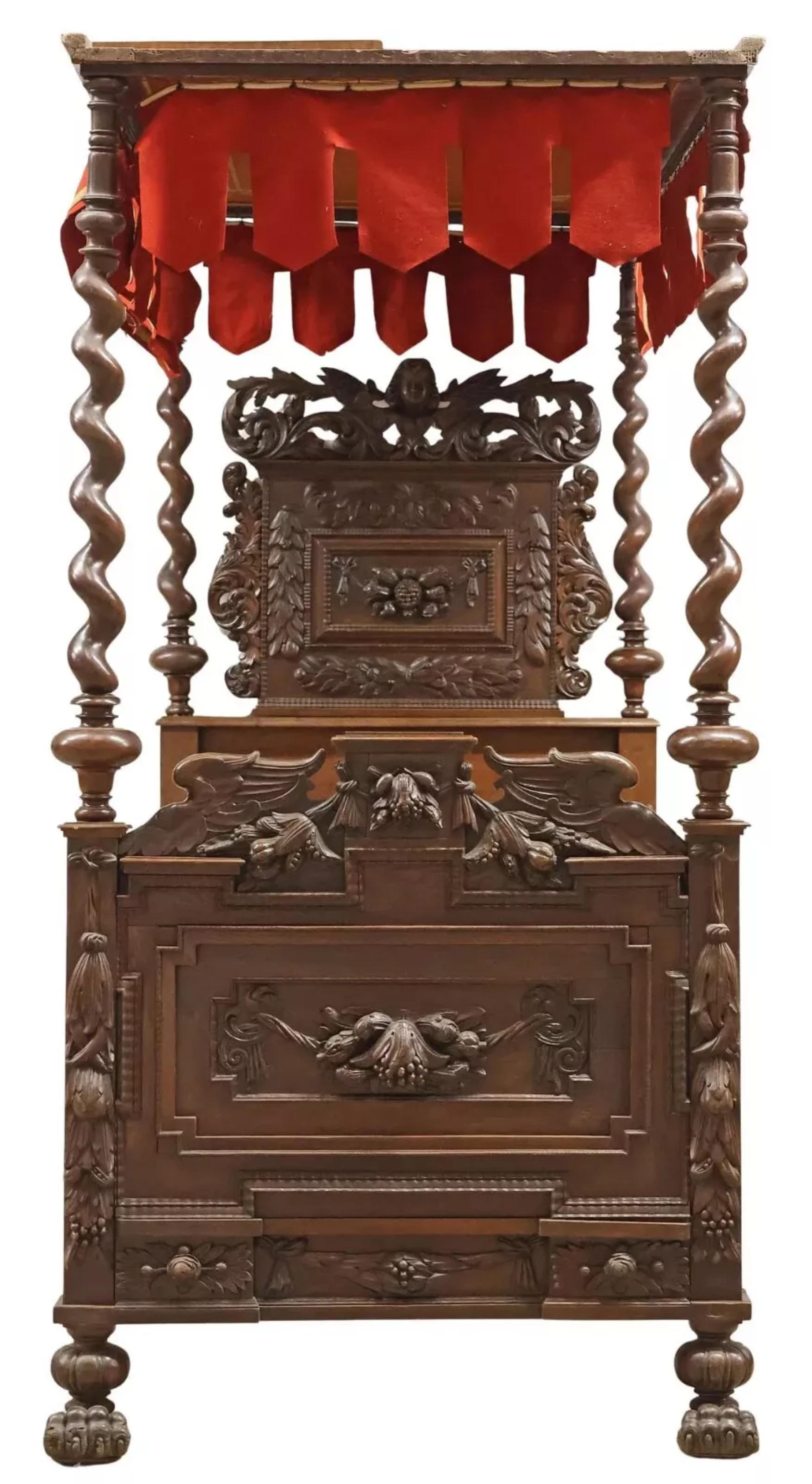 Antiguo renacimiento francés de 1800, tallado, roble, cuatro postes, ¡cama de prueba! Francés en venta