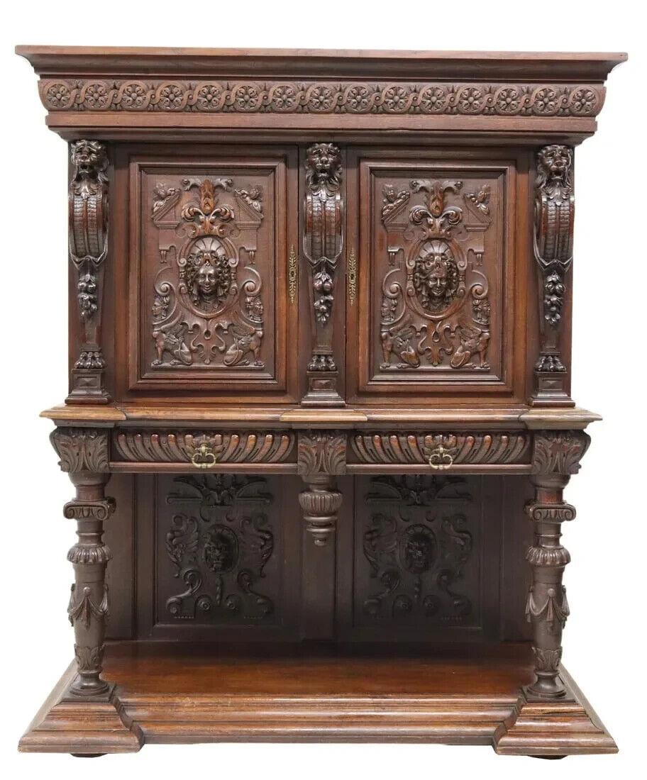 Néo-Renaissance Antique French Renaissance Revival, 1800, chêne sculpté, étagère, tiroirs, Cupboard ! en vente