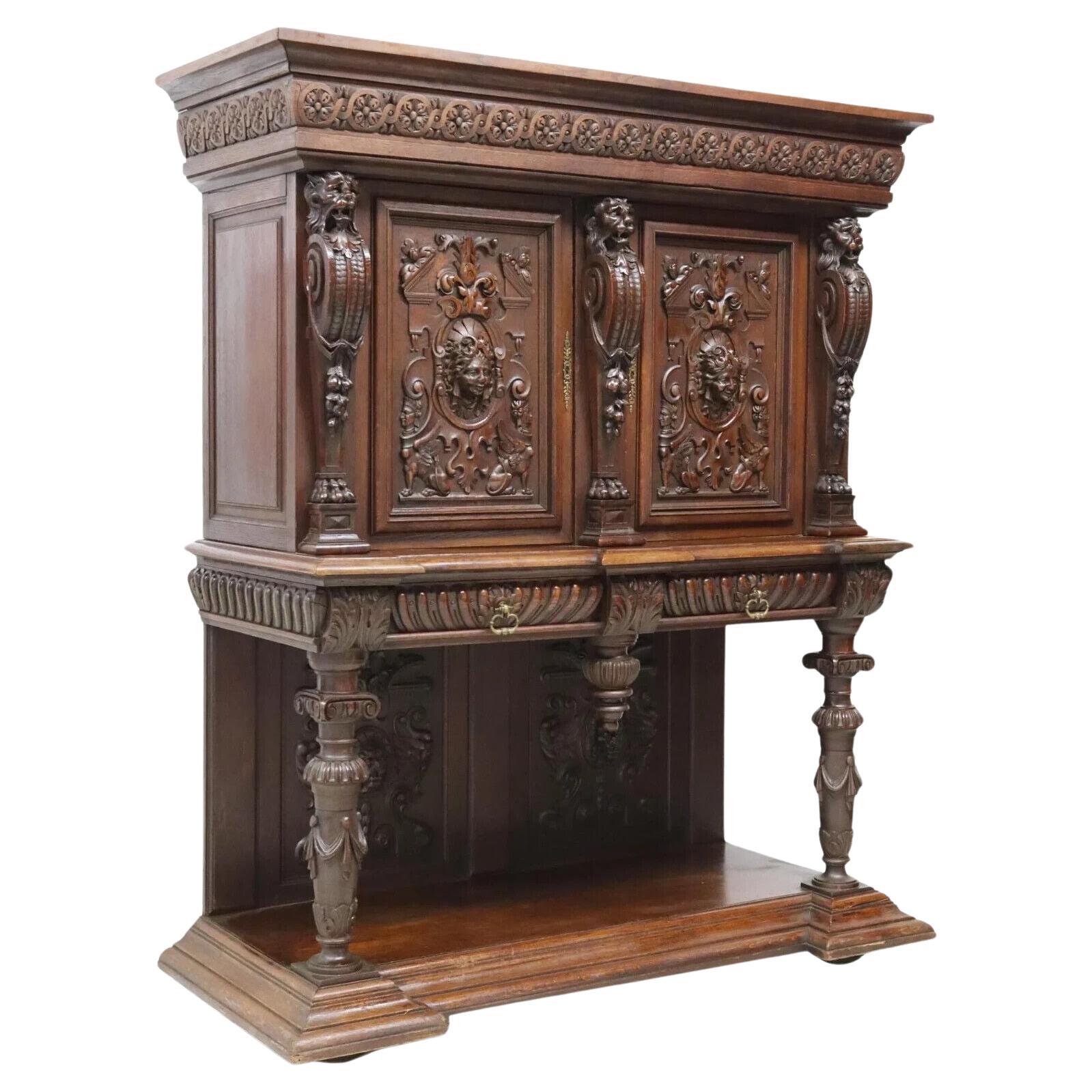 Antique French Renaissance Revival, 1800, chêne sculpté, étagère, tiroirs, Cupboard !