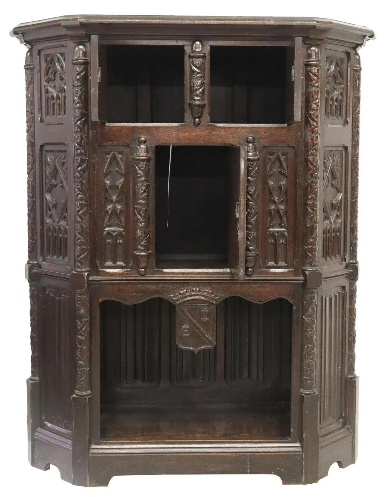 European 1800s Antique Gothic Revival Cupboard, Carved Oak, Credence, with Foliates!! For Sale