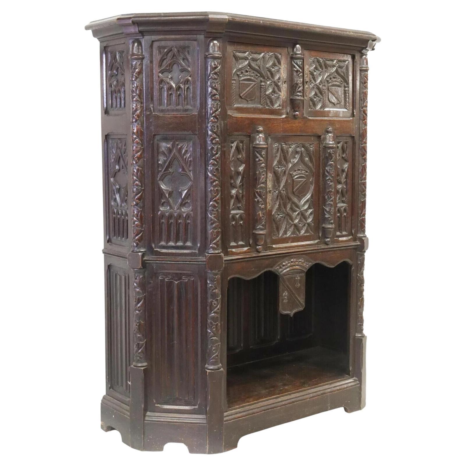 1800s Antique Gothic Revival Cupboard, Carved Oak, Credence, with Foliates!! For Sale