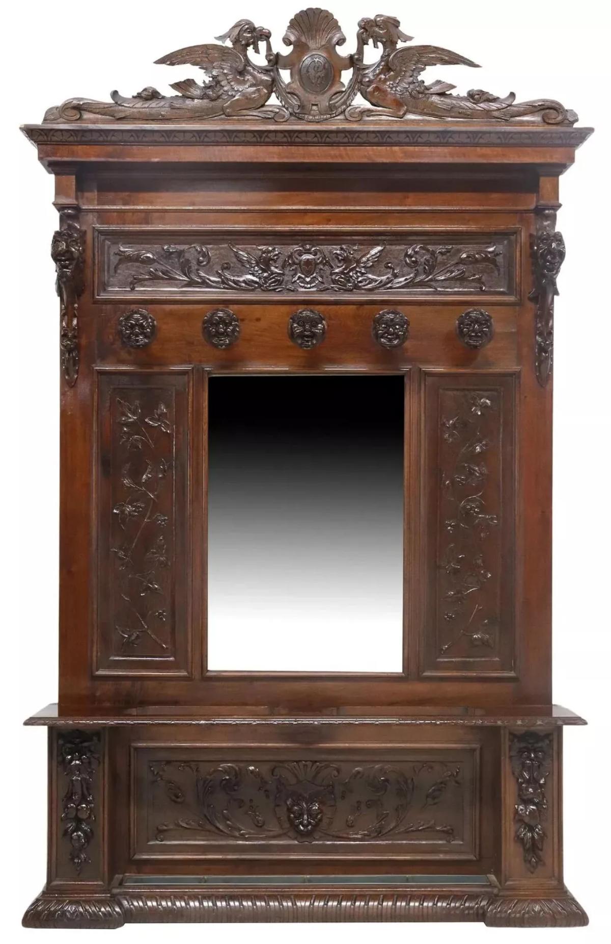 1800's Antique Hall Tree, Mirrored, Italian Renaissance Revival, Carved, Walnut! In Good Condition In Austin, TX