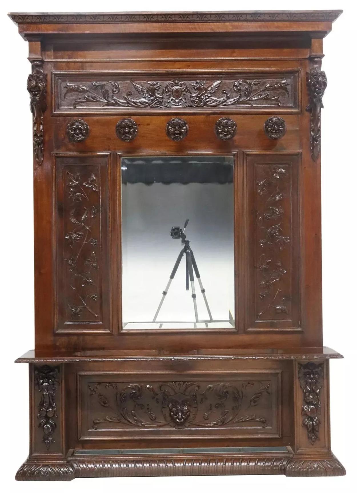 19th Century 1800's Antique Hall Tree, Mirrored, Italian Renaissance Revival, Carved, Walnut!