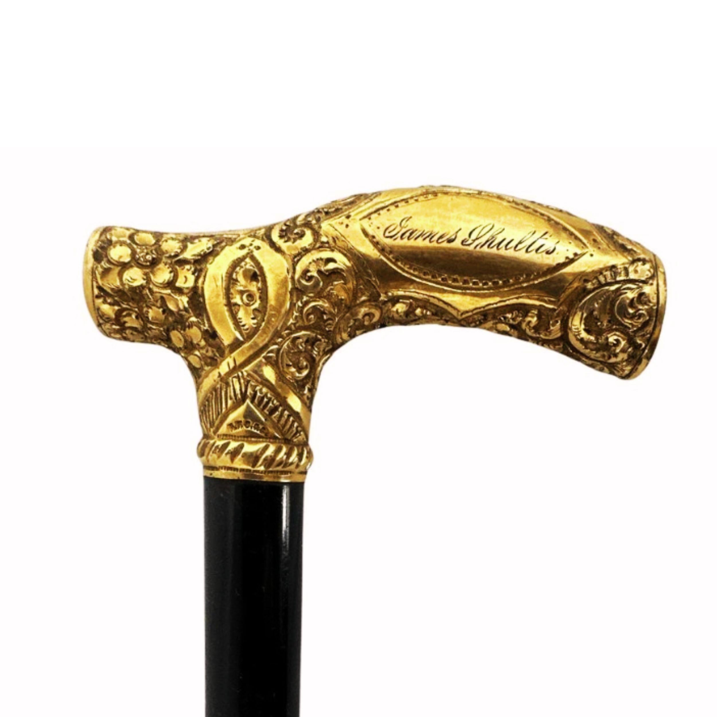 Brown 1800s Antique Handmade Gold Plated Walking Stick Men, Engraved Dedication For Sale