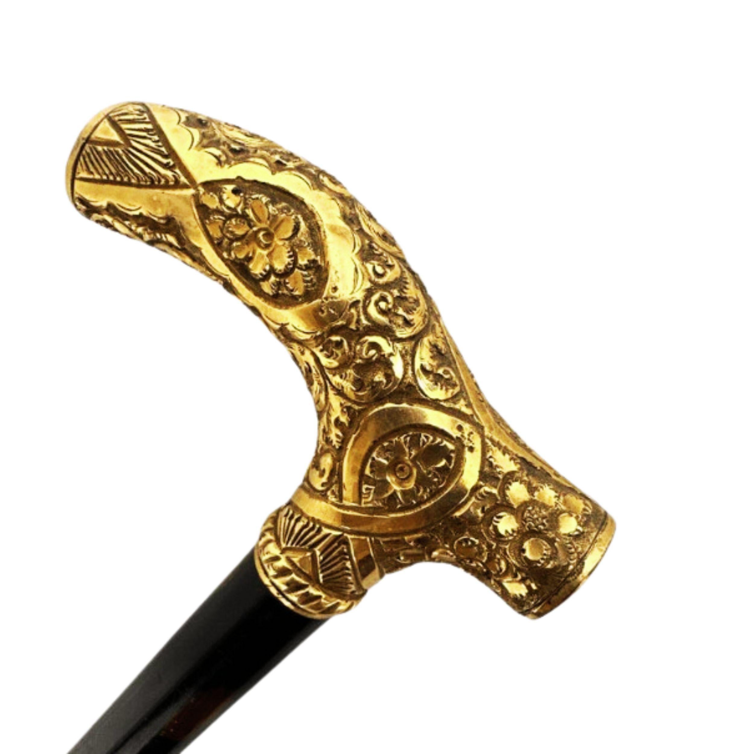 Women's or Men's 1800s Antique Handmade Gold Plated Walking Stick Men, Engraved Dedication For Sale