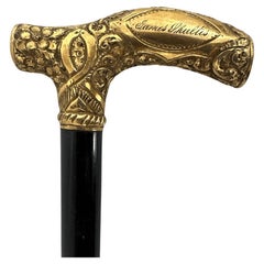 1800s Antique Handmade Gold Plated Walking Stick Men, Engraved Dedication