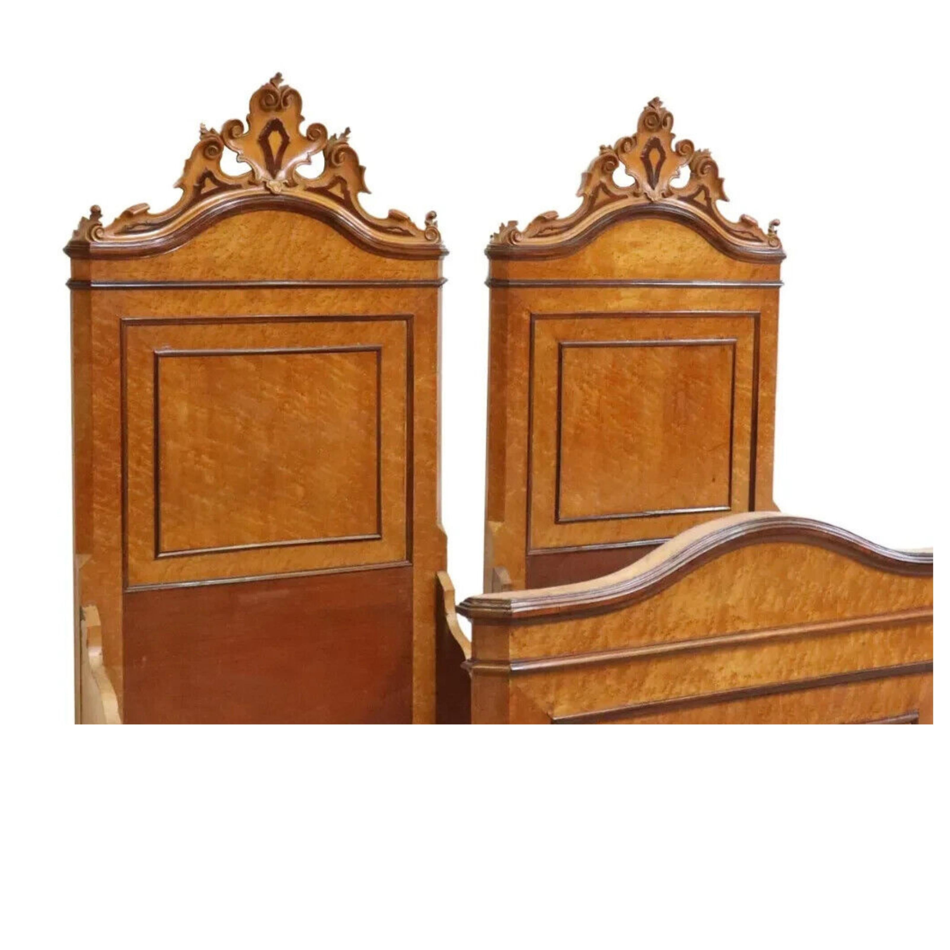 Hand-Carved 1800's Antique Italian Birdseye Maple, Crest, Paneled Bed Frames, Set of Two! For Sale