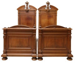 1800's Antique Italian, Carved, Flame, Mahogany, Crests, Beds, Set of 2