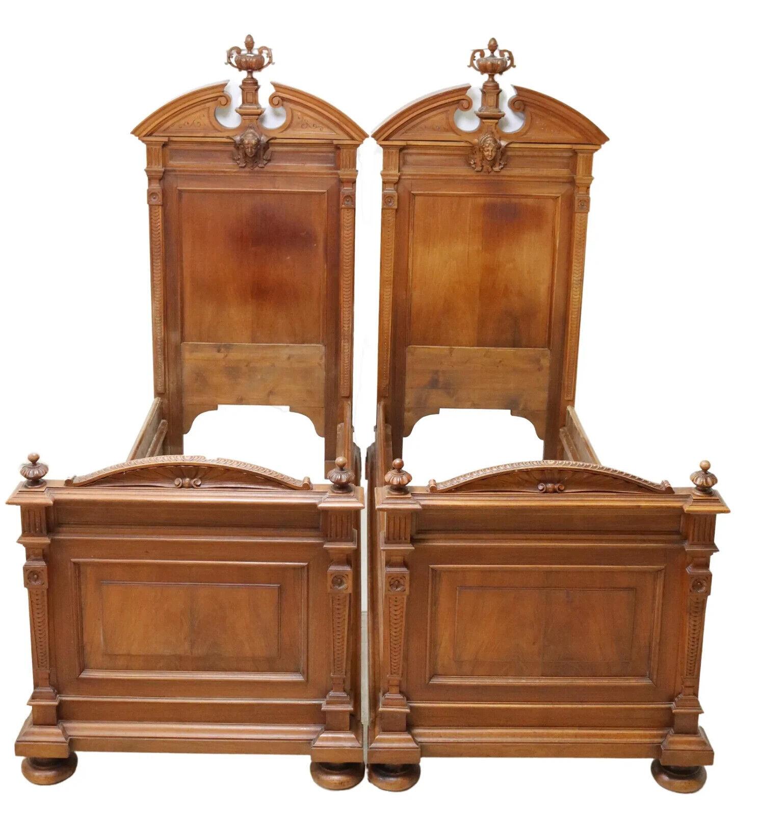 Other 1800's Antique Italian, Carved, Flame, Mahogany, Crests, Beds, Set of 2 For Sale