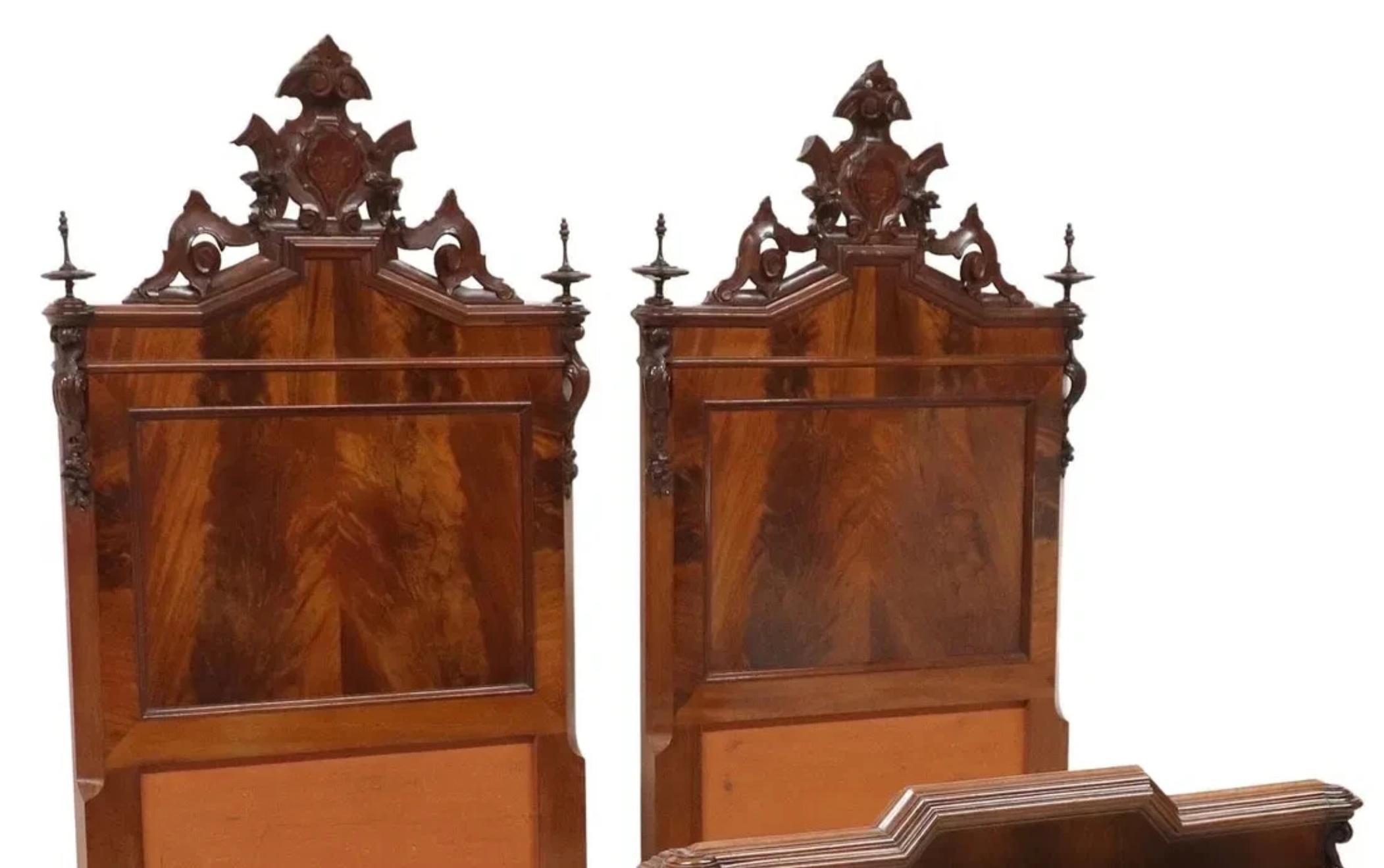 Other 1800's Antique Italian, Carved, Flame, Mahogany, Crests, Beds, Set of 2 For Sale
