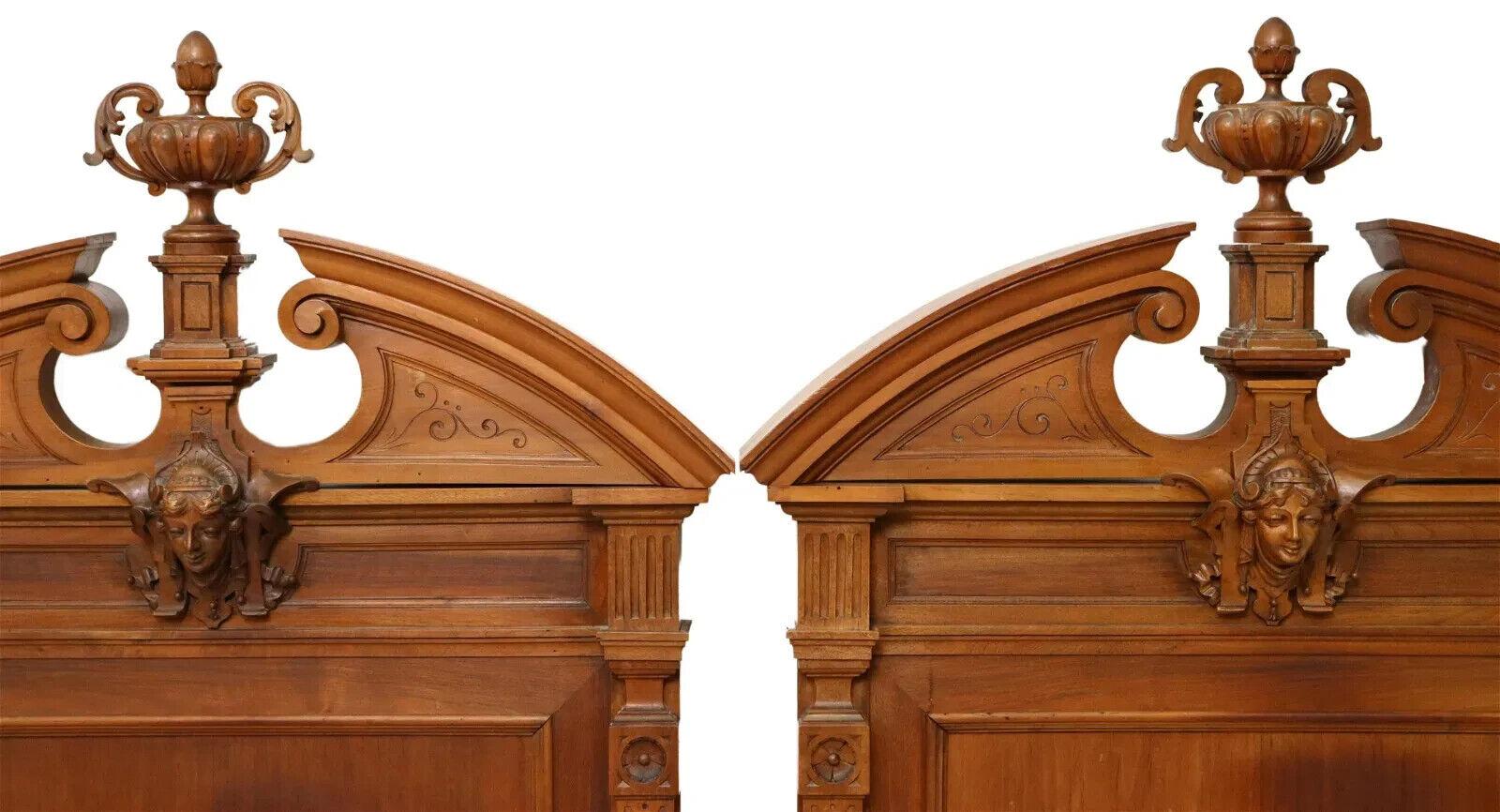 1800's Antique Italian, Carved, Flame, Mahogany, Crests, Beds, Set of 2 In Good Condition For Sale In Austin, TX