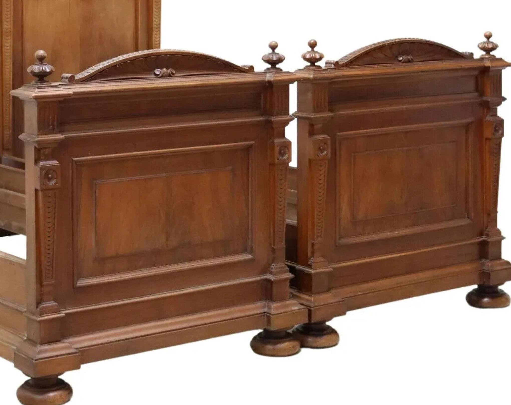 19th Century 1800's Antique Italian, Carved, Flame, Mahogany, Crests, Beds, Set of 2 For Sale