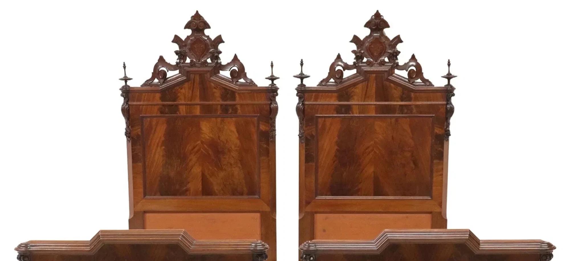 19th Century 1800's Antique Italian, Carved, Flame, Mahogany, Crests, Beds, Set of 2 For Sale