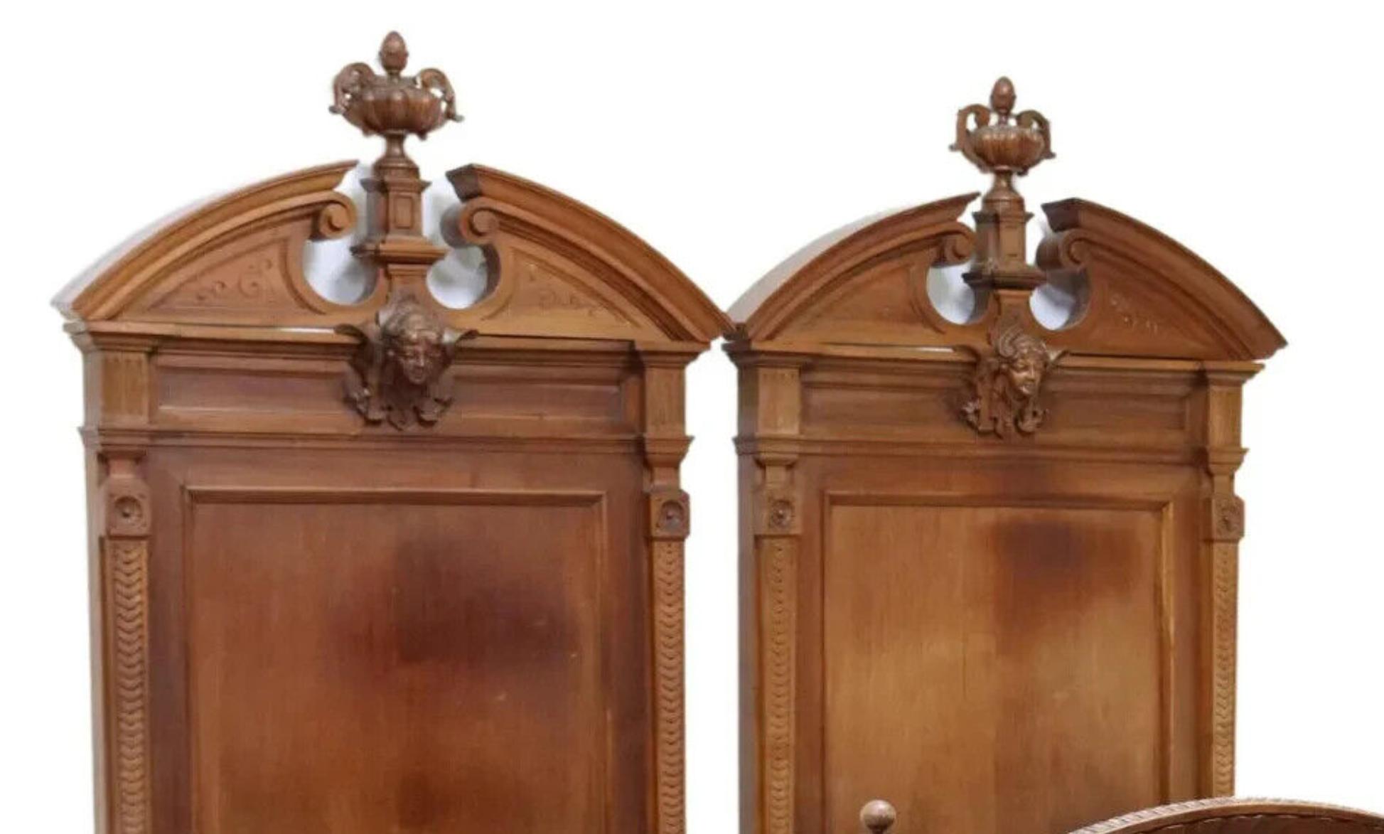 Wood 1800's Antique Italian, Carved, Flame, Mahogany, Crests, Beds, Set of 2 For Sale