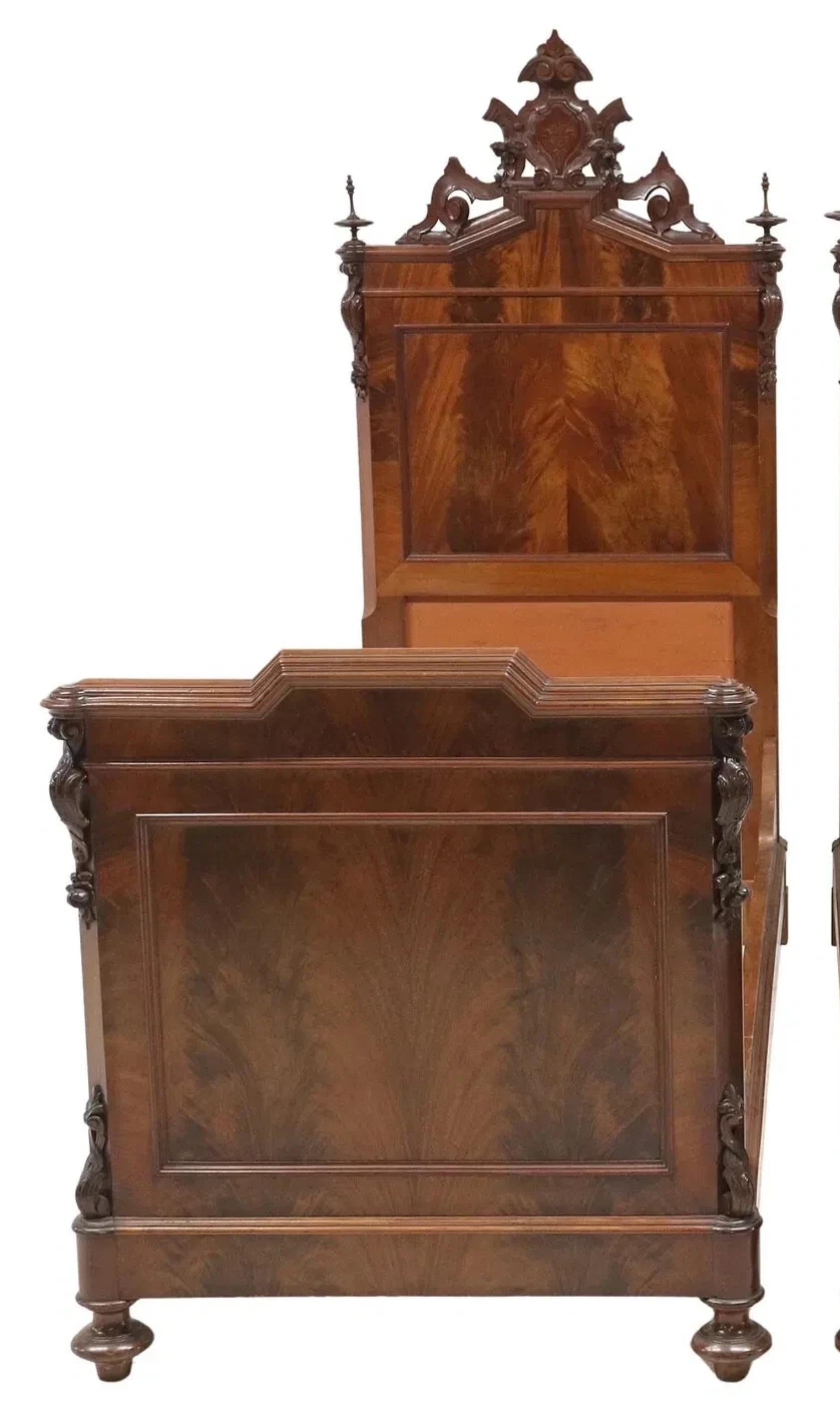 Wood 1800's Antique Italian, Carved, Flame, Mahogany, Crests, Beds, Set of 2 For Sale