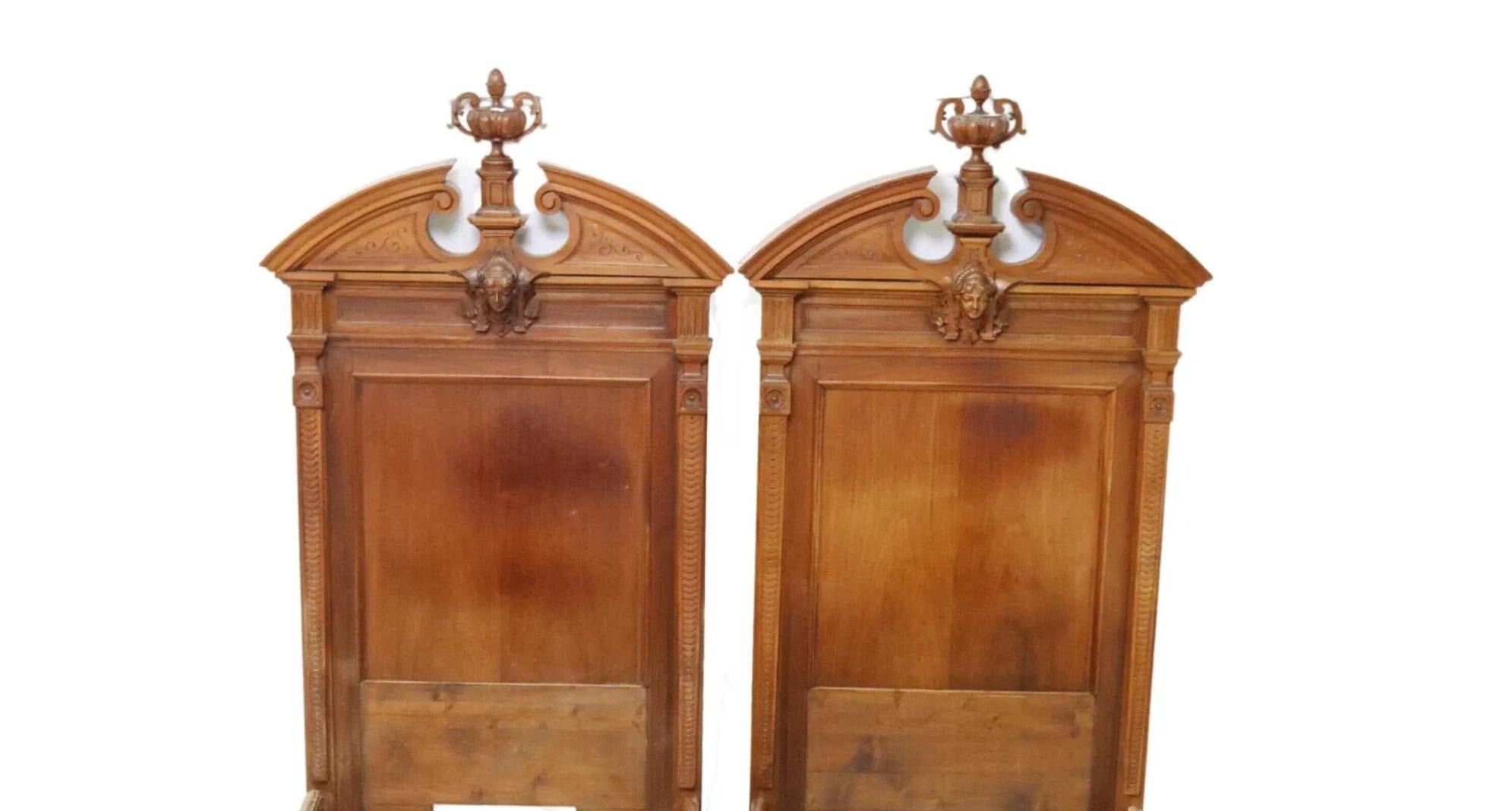 1800's Antique Italian, Carved, Flame, Mahogany, Crests, Beds, Set of 2 For Sale 1