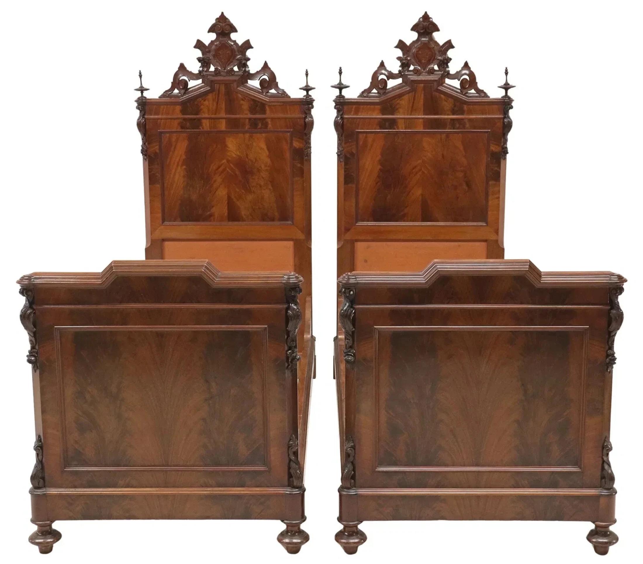 1800's Antique Italian, Carved, Flame, Mahogany, Crests, Beds, Set of 2 For Sale 1
