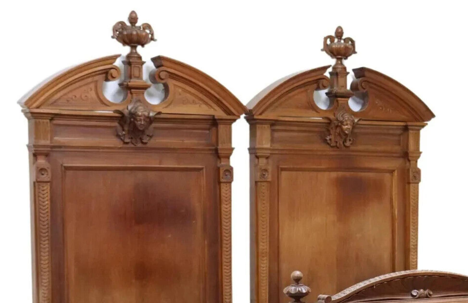 1800's Antique Italian, Carved, Flame, Mahogany, Crests, Beds, Set of 2 For Sale 2
