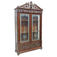 1800's Antique  Italian, Hunt, Carved Walnut, Etched Glass, Display Bookcase!!