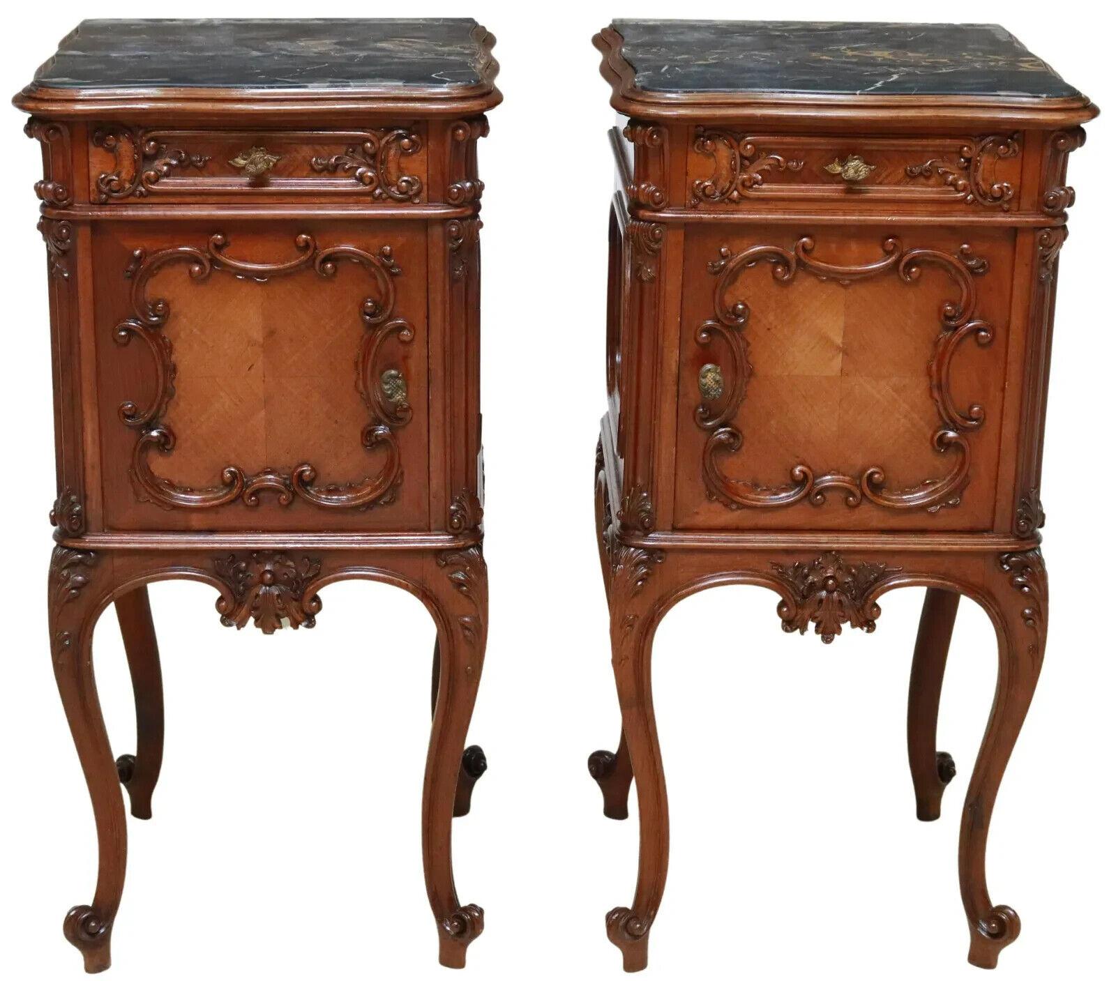 Marble 1800's Antique Italian Louis XV Style, Crest, 2 Beds, 2 Night Stands, Set of 4