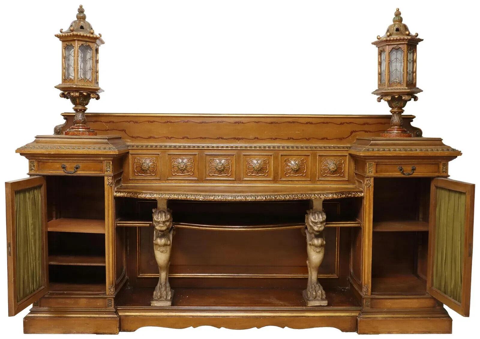 Gorgeous Antique Sideboard, Italian Paint Decorated, Carved Wood, with Lanterns, 1800s, 19th Century!!

Italian paint decorated and carved sideboard, 19th c., having shaped back splash, central open shelves, rising on composition/ceramic? lion