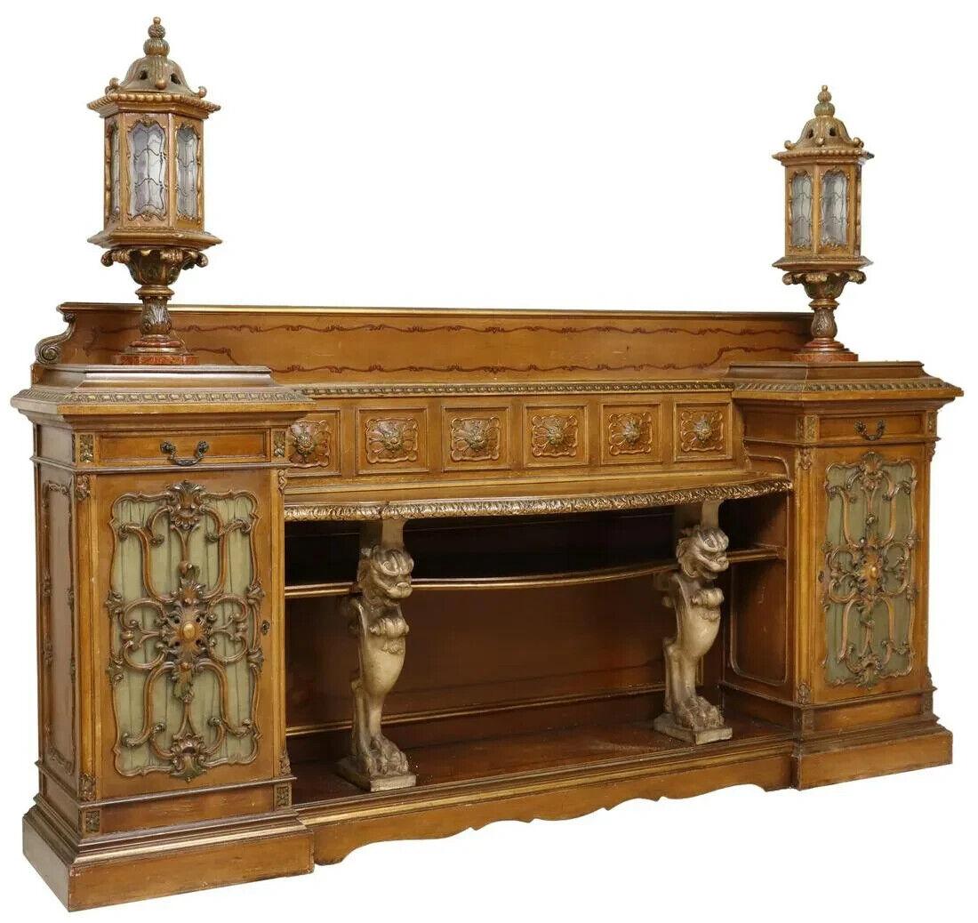 1800s Antique Italian Paint Decorated, Carved Wood, with Lanterns Sideboard In Good Condition In Austin, TX