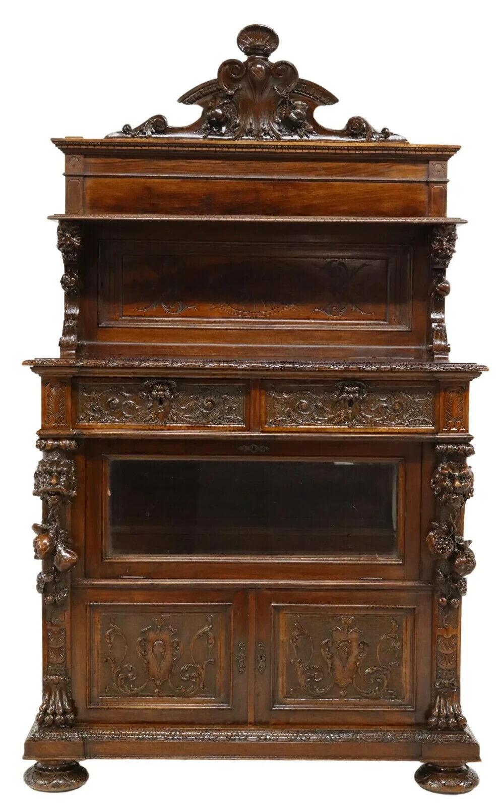 19th Century 1800's Antique Italian Renaissance Revival, Carved Display Case / Server