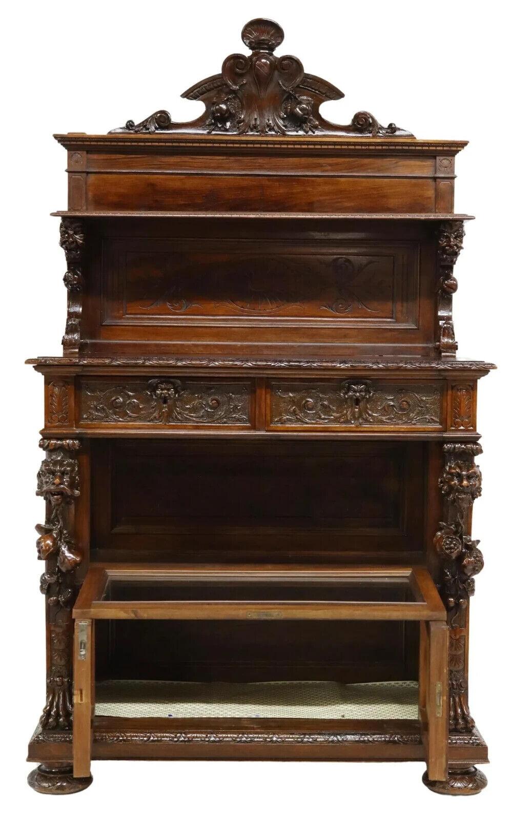 Walnut 1800's Antique Italian Renaissance Revival, Carved Display Case / Server