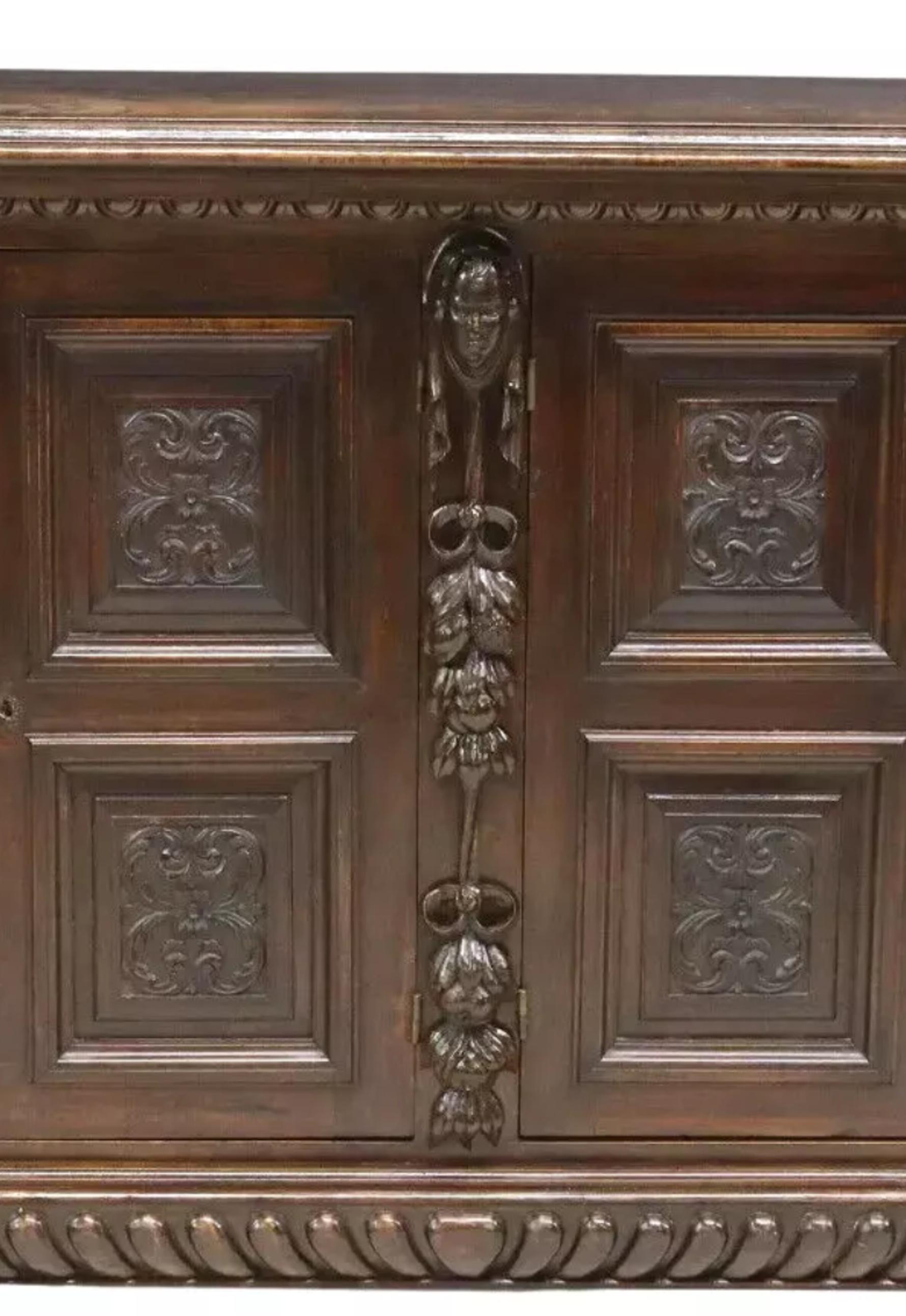 Wood 1800s Antique  Italian Renaissance Revival Carved, Figural, Foliate Sideboard!