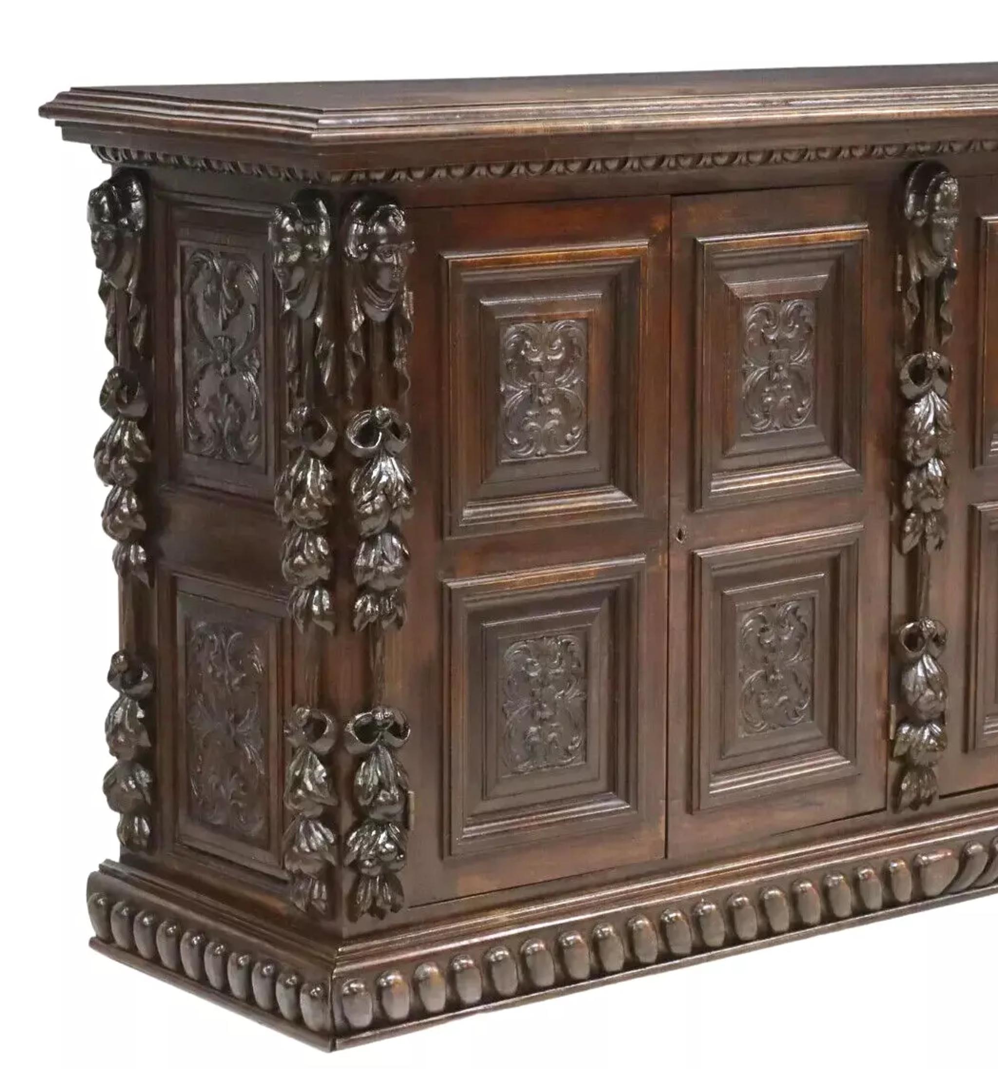 1800s Antique  Italian Renaissance Revival Carved, Figural, Foliate Sideboard! 2