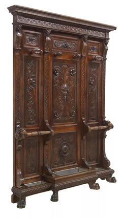 1800's Antique Italian Renaissance Revival, Carved, Walnut, Foliate Hall Tree
