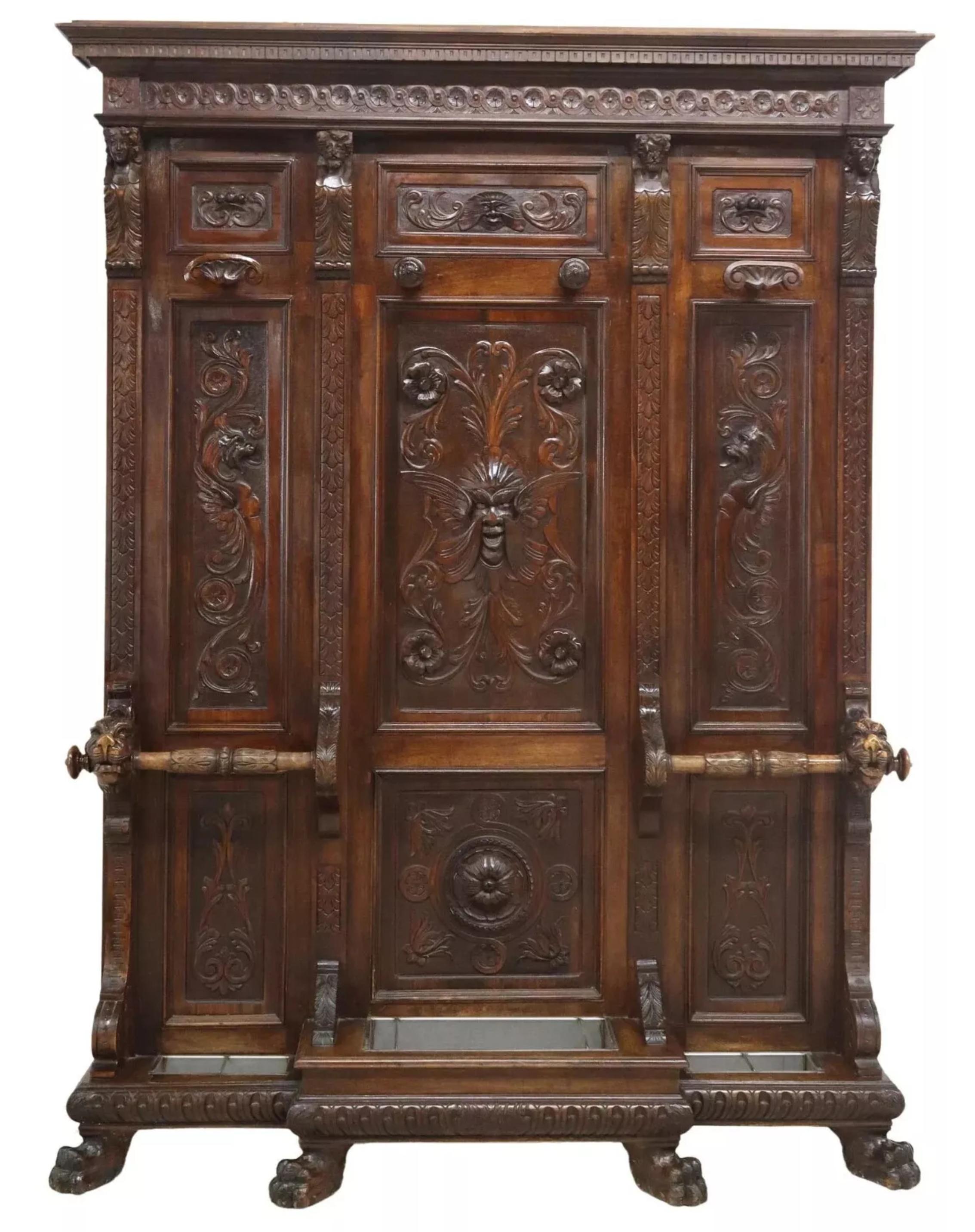Wood 1800's Antique Italian Renaissance Revival, Carved, Walnut, Foliate Hall Tree