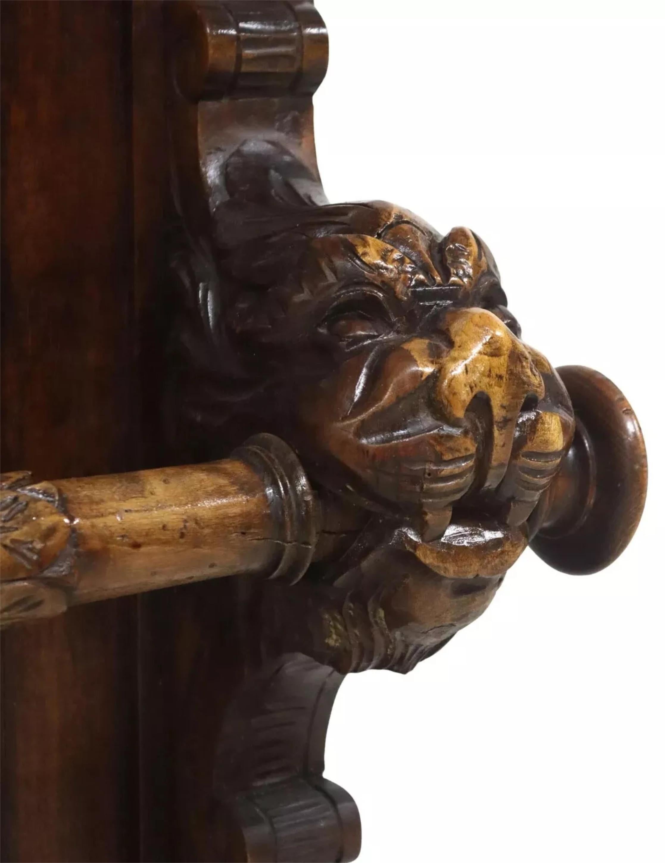 1800's Antique Italian Renaissance Revival, Carved, Walnut, Foliate Hall Tree 1