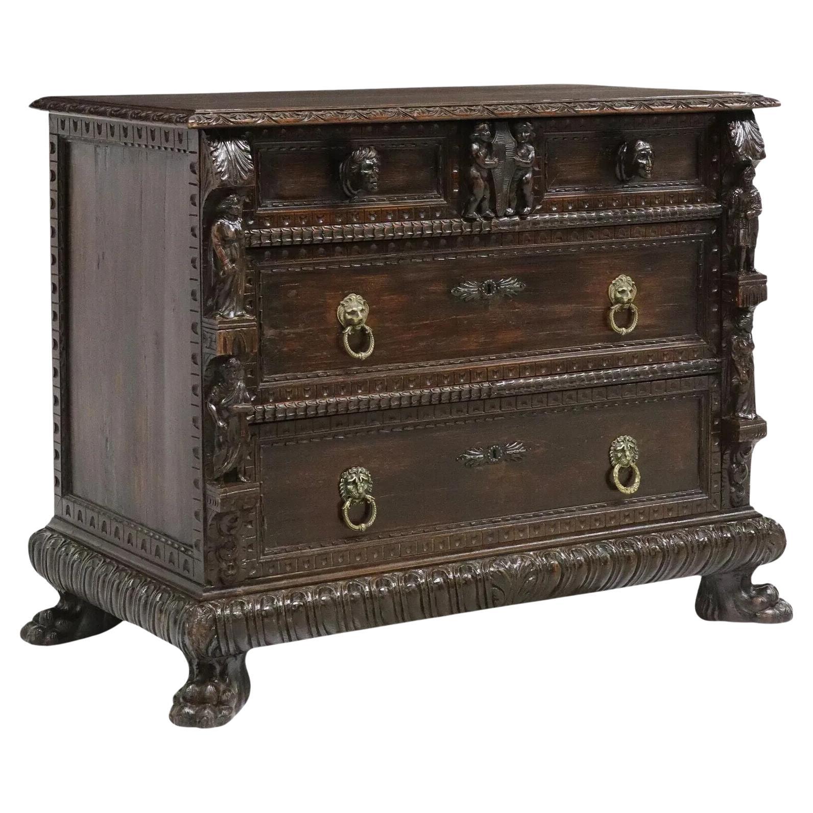 1800's Antique  Italian Renaissance Revival, Figural, Drawers. Carved Commode!! For Sale