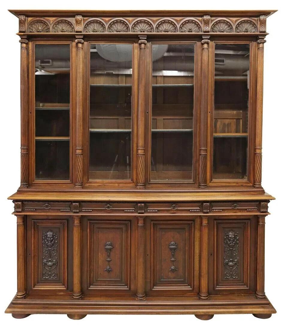 Gorgeous Antique Bookcase, Large French Renaissance Revival, Walnut, Carved, 1800s, 19th century!!

French Renaissance Revival walnut bookcase, late 19th c., carved frieze with repeated lunettes, four glazed doors framed by fluted columns,