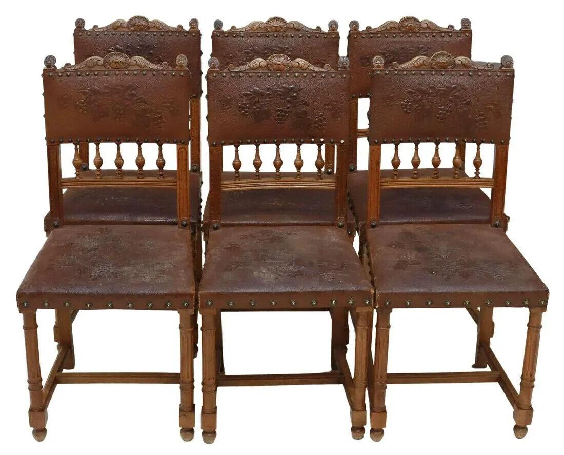 1800s Antique Leather, (6) French Henri II Style, Walnut Dining Chairs, Set of 6 In Good Condition For Sale In Austin, TX