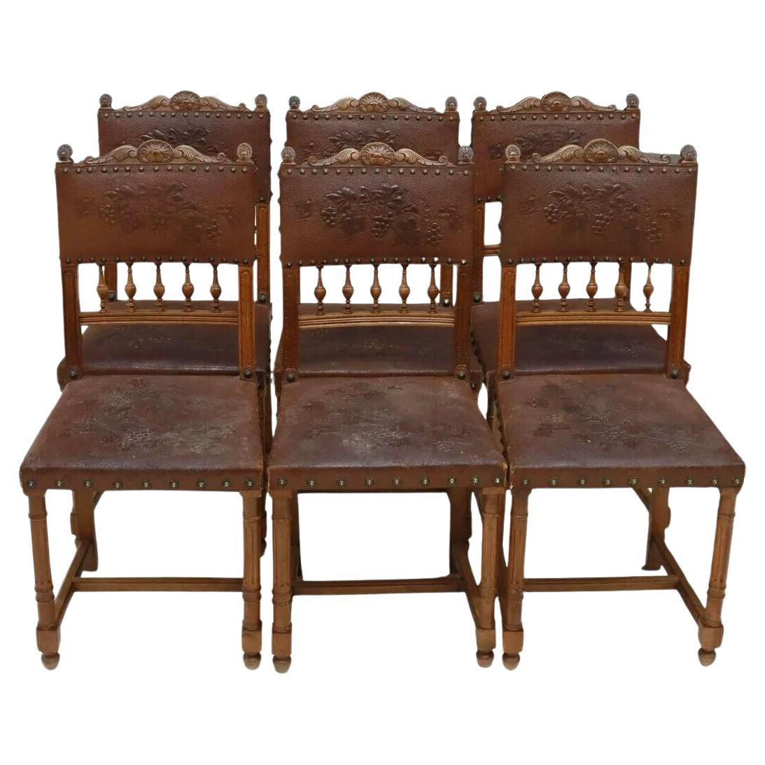 1800s Antique Leather, (6) French Henri II Style, Walnut Dining Chairs, Set of 6